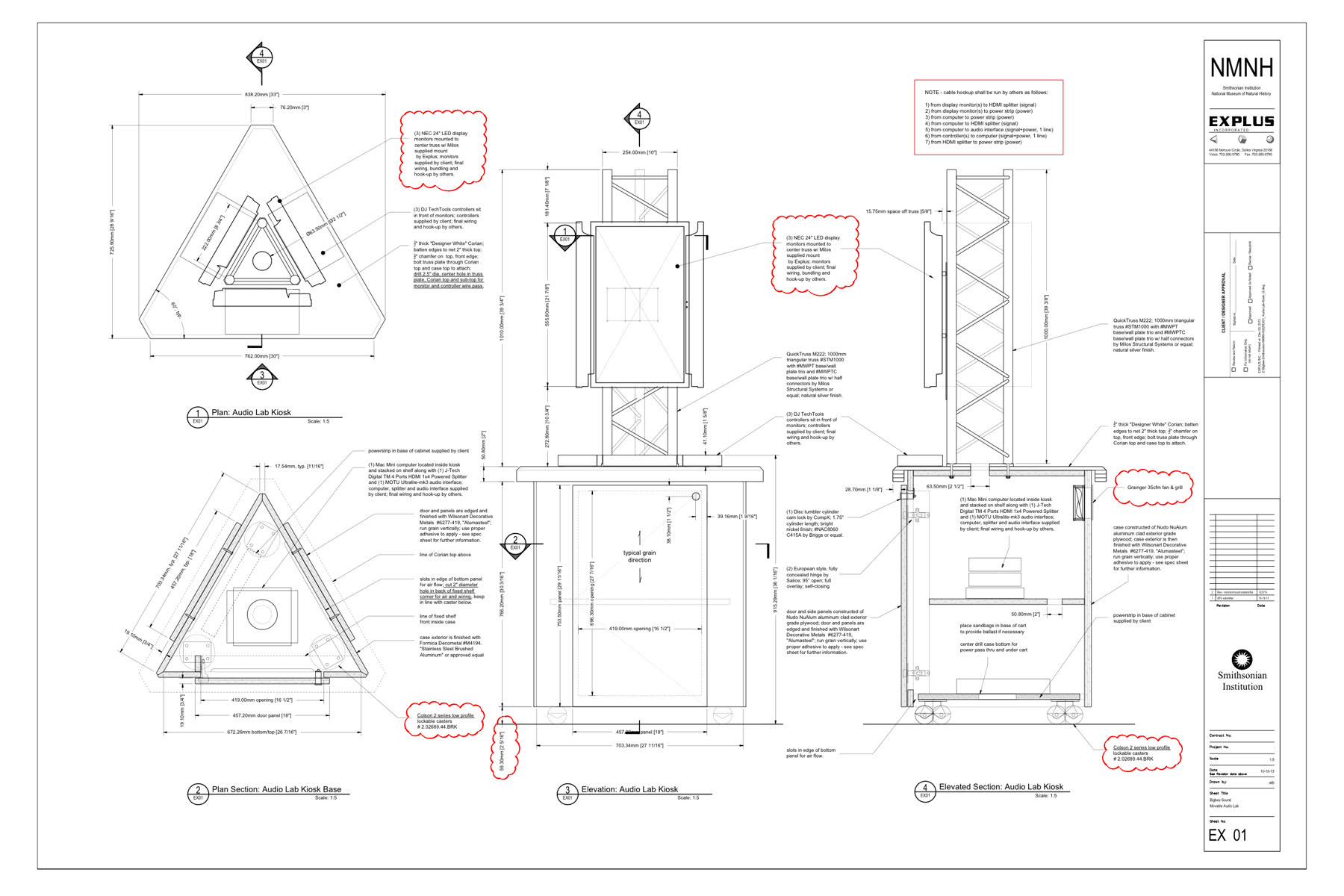 Fabrication drawing of the triangular Audio Lab kiosk with three monitors on a truss